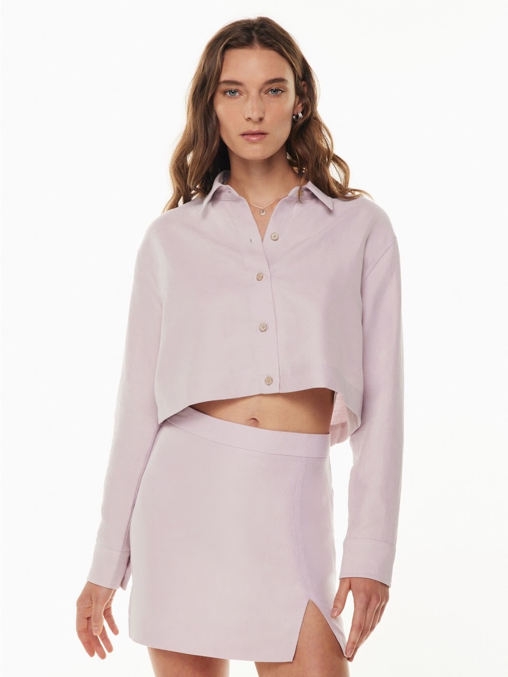 Wilfred Light Lavender Proposal Linen Cropped Button-Front Blouse